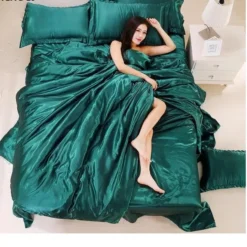 Parure De Lit Unie Verte En Satin