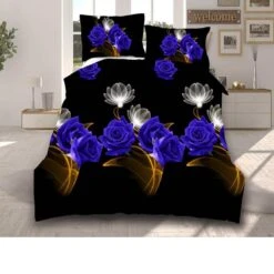 Parure De Lit Noir Motif Fleur Bleue Et Blanche