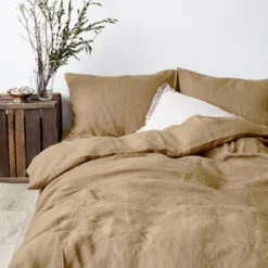 Parure De Lit Beige 100% Lin Ultra Doux, Housse De Couette Et 2 Taies D’oreillers