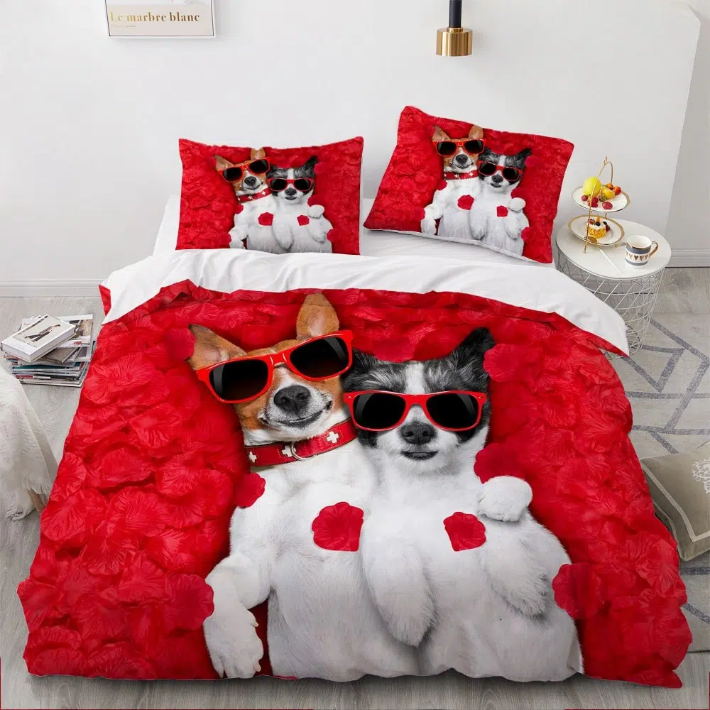 Parure De Lit Rouge Motif Chien Avec Des Lunettes