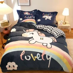 Parure De Lit Bleu Motif Licorne Arc-en-ciel