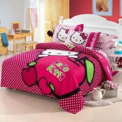Parure De Lit Rouge Imprimé Hello Kitty Et Pommes