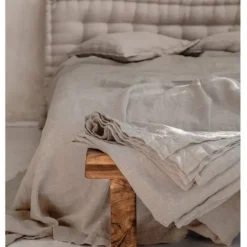 Ensemble De Lit 100% Lin Naturel Beige, Drap Plat Et 2 Taies D’oreillers