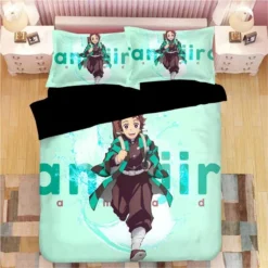 Parure De Lit Vert Bleu Avec Imprimé Kamado Tanjirô