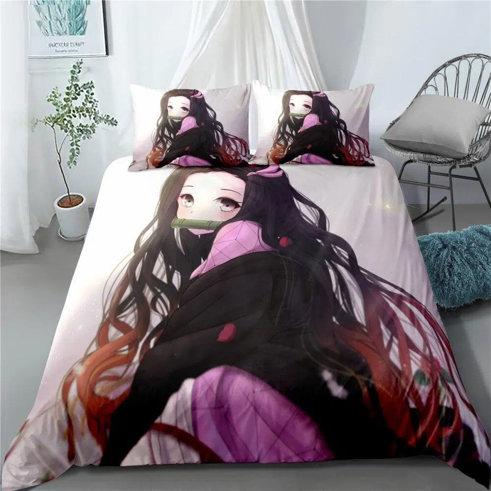 Parure De Lit Blanche Ă Motif Kamado Nezuko