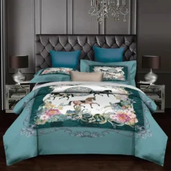 Parure De Lit Bleu Ciel Motif Cheval Style Européen