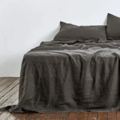 Ensemble De Lit Gris 100% Lin Naturel, Drap Plat Et 2 Taies D’oreillers